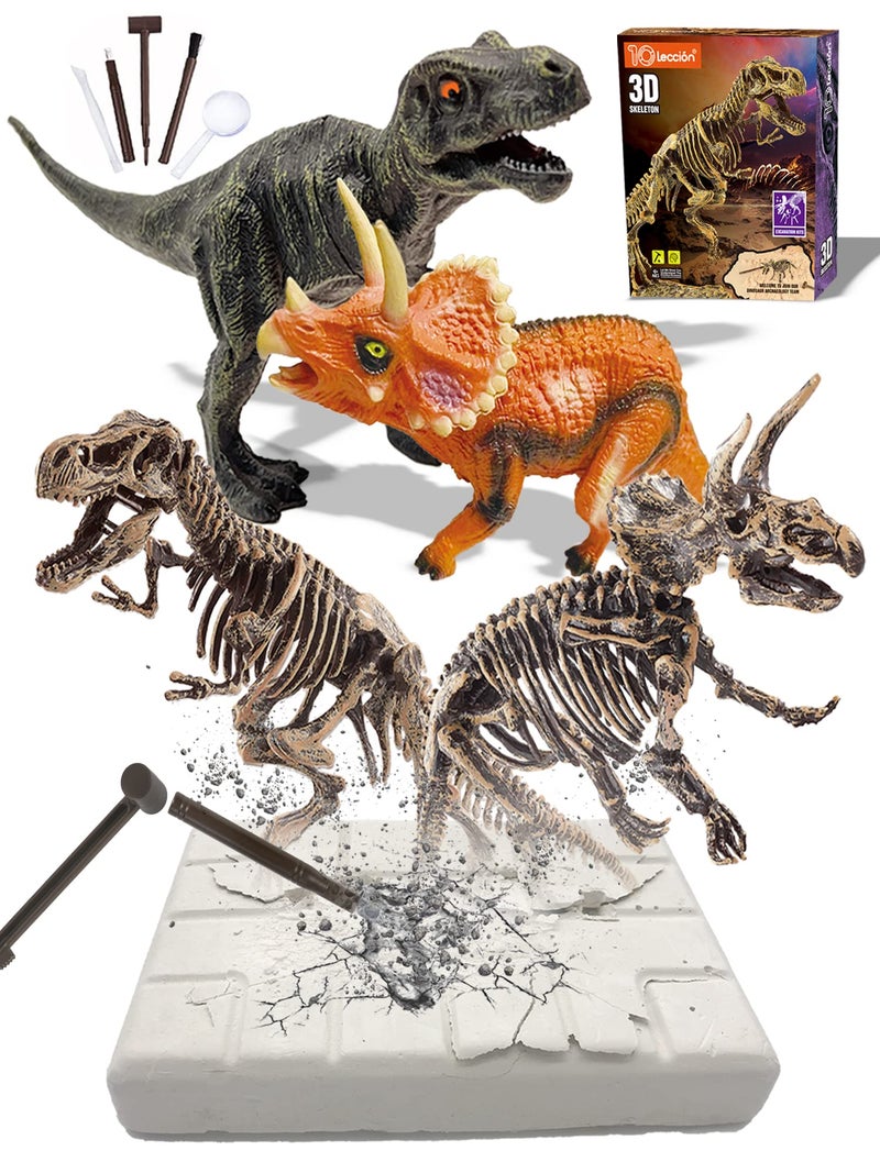 10Leccion Dinosaur Fossil Dig Kit, Dino Excavation Kits for Kids, Educational Science Kits, Dinosaur Toys for Kids, Dig up 2 3D Skeleton Puzzles and 2 Dino Figures Including T-Rex, Triceratops - Image 1