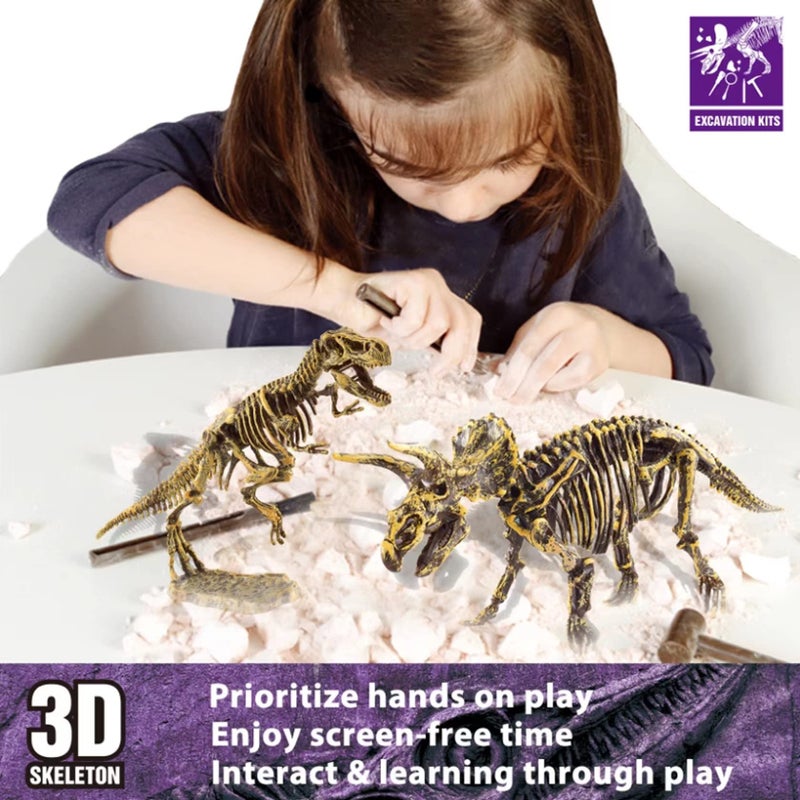 10Leccion Dinosaur Fossil Dig Kit, Dino Excavation Kits for Kids, Educational Science Kits, Dinosaur Toys for Kids, Dig up 2 3D Skeleton Puzzles and 2 Dino Figures Including T-Rex, Triceratops - Image 4