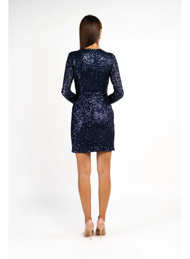 فاشونارا Sequenced Shimmery Draped Long Sleeve Dress In Navy