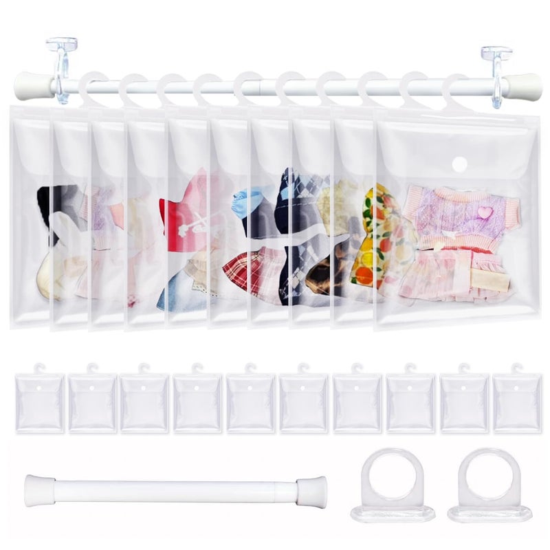 aimpiwt 10 Pack Clear Doll Clothes Storage Bags with Hanging Rod & Hooks, Compatible with Labubu Clothes - PVC Transparent Organizer Set for Dolls, Space-Saving Wardrobe System - Image 1