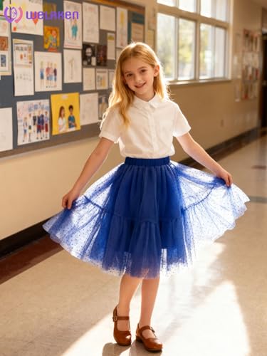 WELAKEN Polka Dot 5 Layered Tulle Tutu Midi Skirt for Girls Kids & Teen & Toddler,Blue,10Y - Image 2