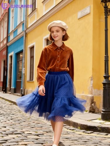 WELAKEN Polka Dot 5 Layered Tulle Tutu Midi Skirt for Girls Kids & Teen & Toddler,Blue,10Y - Image 3