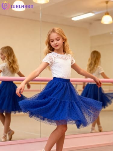 WELAKEN Polka Dot 5 Layered Tulle Tutu Midi Skirt for Girls Kids & Teen & Toddler,Blue,10Y - Image 4
