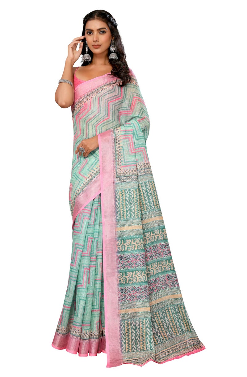 Janasya Women's Green Cotton Linen Chevron Printed Printed Saree with Blouse Piece - Image 1