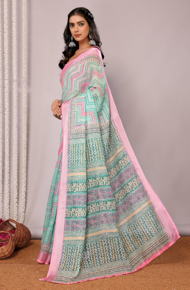 Janasya Women's Green Cotton Linen Chevron Printed Printed Saree with Blouse Piece - Image 3