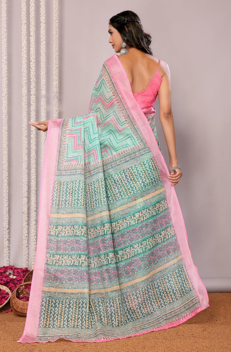 Janasya Women's Green Cotton Linen Chevron Printed Printed Saree with Blouse Piece - Image 4