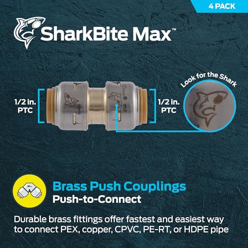 SharkBite Max 1/2 Inch Coupling, Pack of 4, Push to Connect Brass Plumbing Fitting, PEX Pipe, Copper, CPVC, PE-RT, HDPE, UR008A4 - Image 2