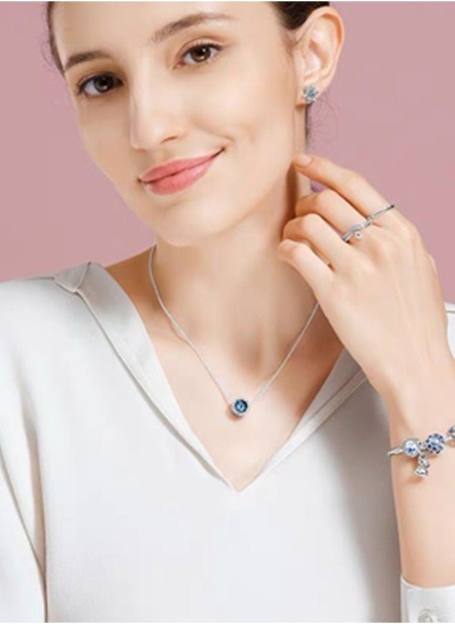 Pandora Cubic Zirconia Women's Classic Ocean Heart Round Pendant 925 Silver Necklace ZT0139