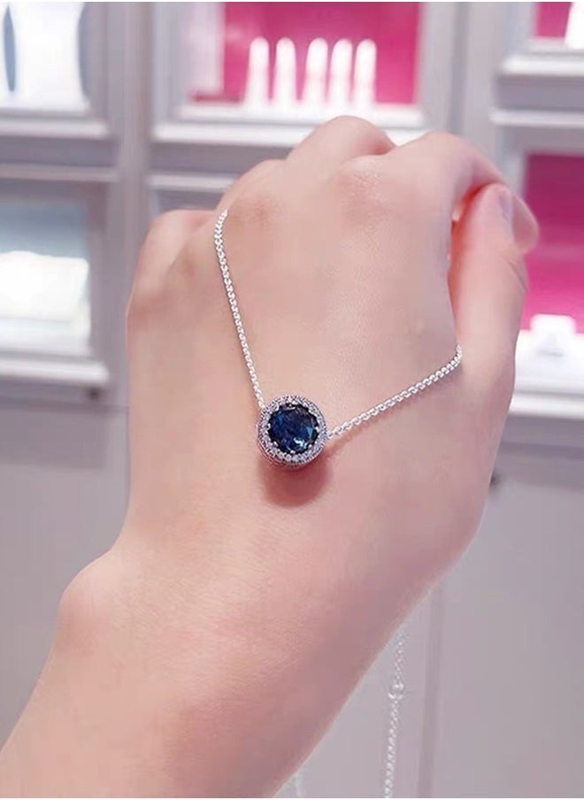 Pandora Cubic Zirconia Women's Classic Ocean Heart Round Pendant 925 Silver Necklace ZT0139