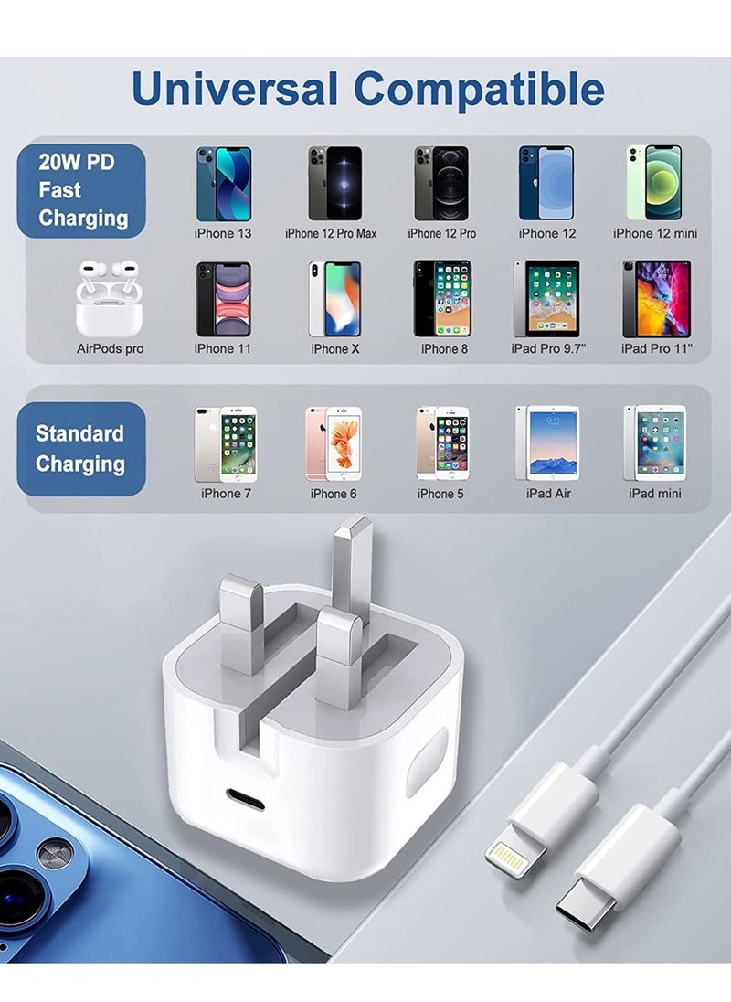 Generic - iPhone Fast Charger Plug & 2m Cable [Apple MFi Certified] – 20W USB-C Power Adapter with USB-C to Lightning Cable, Compatible with iPhone 13/12/SE/11/XS/XR/X/8, iPad, AirPods (White) - Image 1