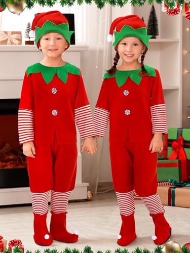 Geyoga Kids Christmas Elf Costume Outfits Include Hat Shoes and Other Accessories for Toddler Xmas CosplayRedSmall - Image 5