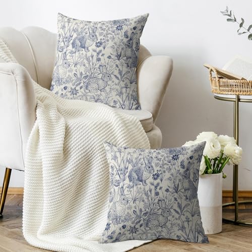 Smozenith Easter Spring Blue Pillow Covers 18X18 Set of 2, Vintage Flower Rabbit Bunny Floral Botanical Print Decorative Throw Pillow Covers Outdoor Farmhouse Seasonal Cushion Cases Couch Sofa Bed Decor - Image 3