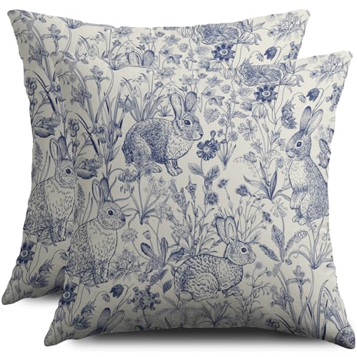 Smozenith Easter Spring Blue Pillow Covers 18X18 Set of 2, Vintage Flower Rabbit Bunny Floral Botanical Print Decorative Throw Pillow Covers Outdoor Farmhouse Seasonal Cushion Cases Couch Sofa Bed Decor - Image 1