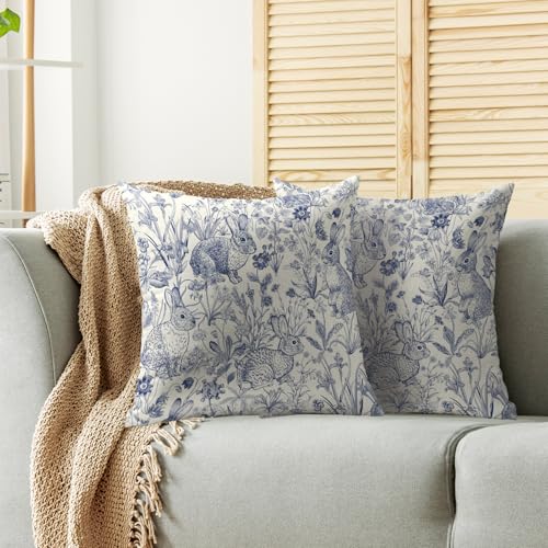 Smozenith Easter Spring Blue Pillow Covers 18X18 Set of 2, Vintage Flower Rabbit Bunny Floral Botanical Print Decorative Throw Pillow Covers Outdoor Farmhouse Seasonal Cushion Cases Couch Sofa Bed Decor - Image 2