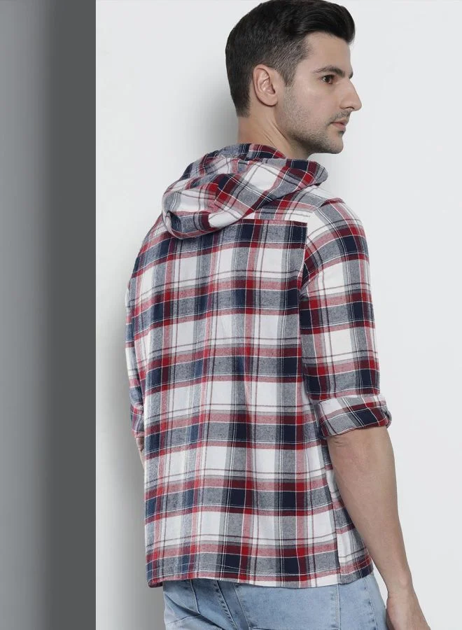 شركة المرآب الهندية Men Regular Fit Checkered Full Sleeves Hooded Double Flap Pocket Casual Over Shirt