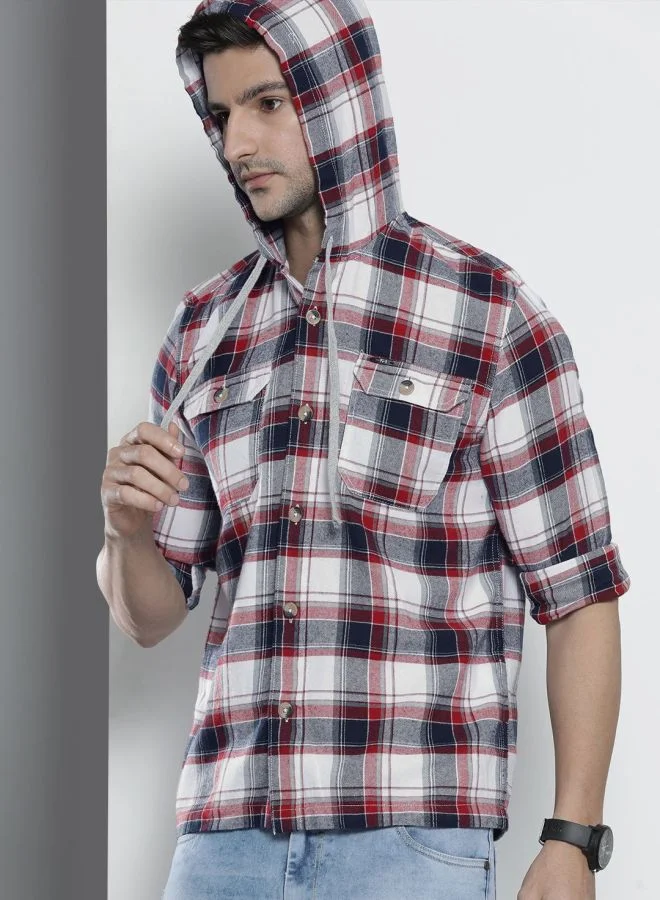 شركة المرآب الهندية Men Regular Fit Checkered Full Sleeves Hooded Double Flap Pocket Casual Over Shirt