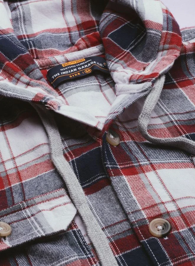 شركة المرآب الهندية Men Regular Fit Checkered Full Sleeves Hooded Double Flap Pocket Casual Over Shirt
