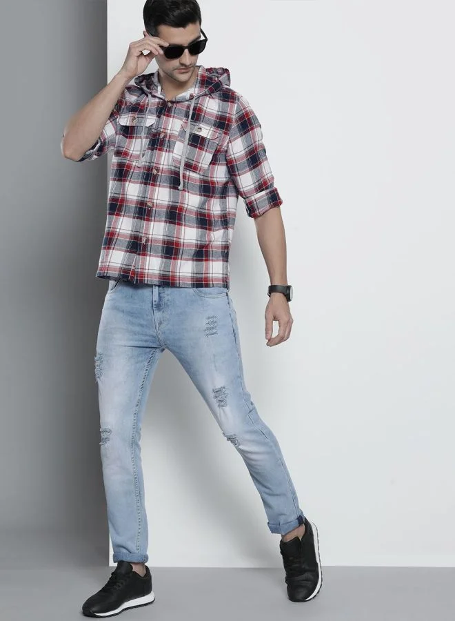 شركة المرآب الهندية Men Regular Fit Checkered Full Sleeves Hooded Double Flap Pocket Casual Over Shirt