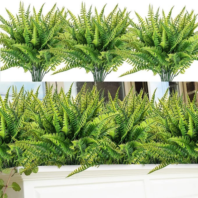 12 Bundles Artificial Outdoor Plants Greenery Fake Boston Fern Bushes Artificial Shrubs UV Resistant No Fade Faux Plastic Plants