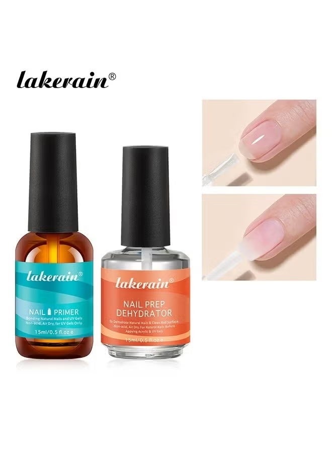 lakerain Nail Dehydrator and Primer, 2 Pcs 15ml Gel Nail Polish Acid Free Natural Nail Prep Dehydrate & Bond Primer Nail Bond, Air Dry Superior Bonding Primer for Acrylic Powder Nail Supplies Set - Image 1
