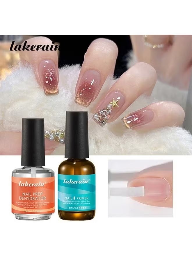 lakerain Nail Dehydrator and Primer, 2 Pcs 15ml Gel Nail Polish Acid Free Natural Nail Prep Dehydrate & Bond Primer Nail Bond, Air Dry Superior Bonding Primer for Acrylic Powder Nail Supplies Set - Image 2