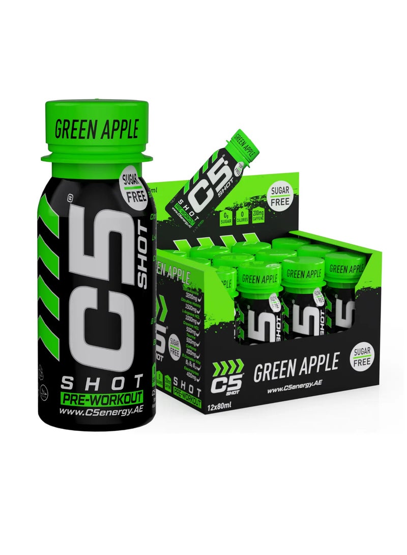 C5 Energy C5 SHOT Pre-Workout Drink | 80ml Liquid Pre-workout shot Shot | 200mg Caffeine, Beta-Alanine, Creatine, Citrulline | Sugar Free | Zero Calories | 12 Pack (Pack of 12, Green Apple) - Image 1