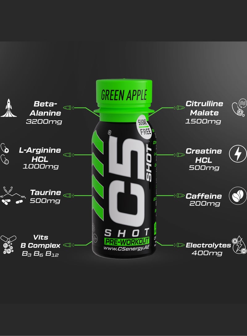 C5 Energy C5 SHOT Pre-Workout Drink | 80ml Liquid Pre-workout shot Shot | 200mg Caffeine, Beta-Alanine, Creatine, Citrulline | Sugar Free | Zero Calories | 12 Pack (Pack of 12, Green Apple) - Image 4
