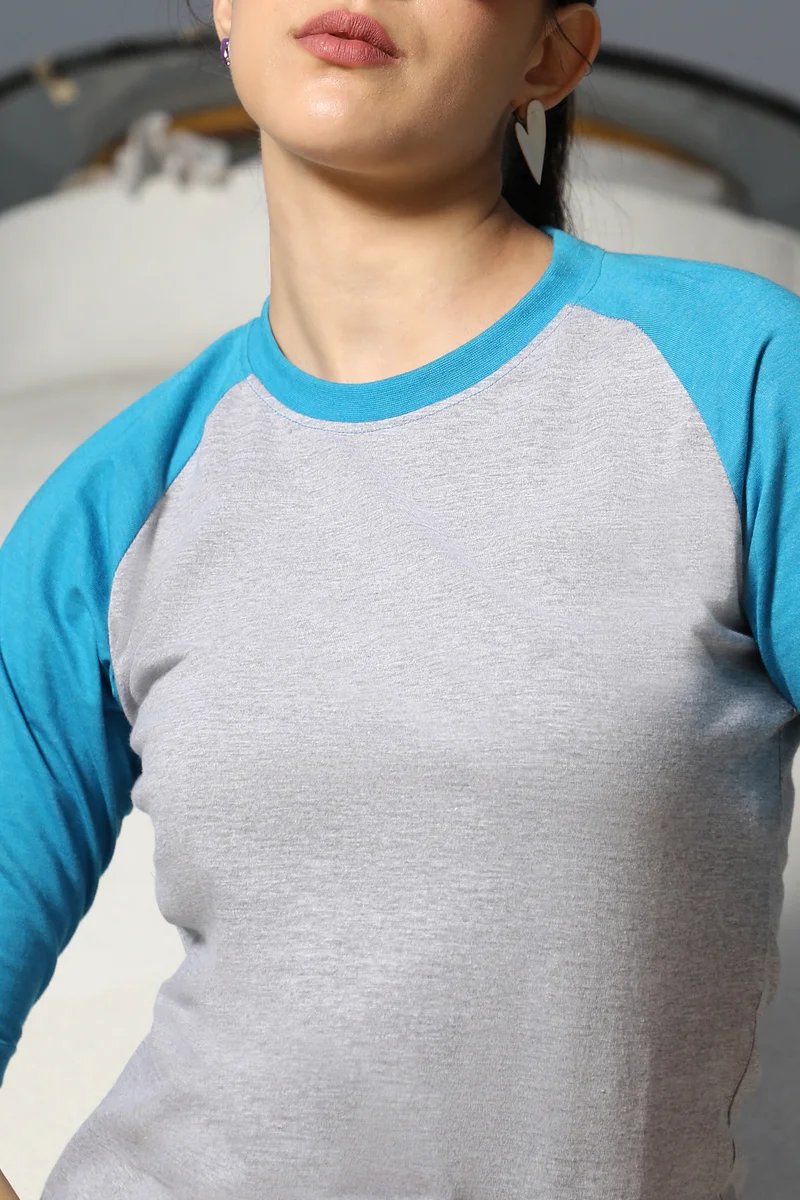 Pinacolada  Women's Sky Blue & Light Grey Raglan Knit Top for Women | Best Price UAE