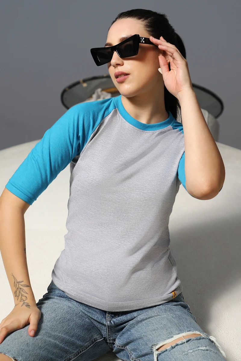 Campus Sutra Women's Sky Blue & Light Grey Raglan Knit Top