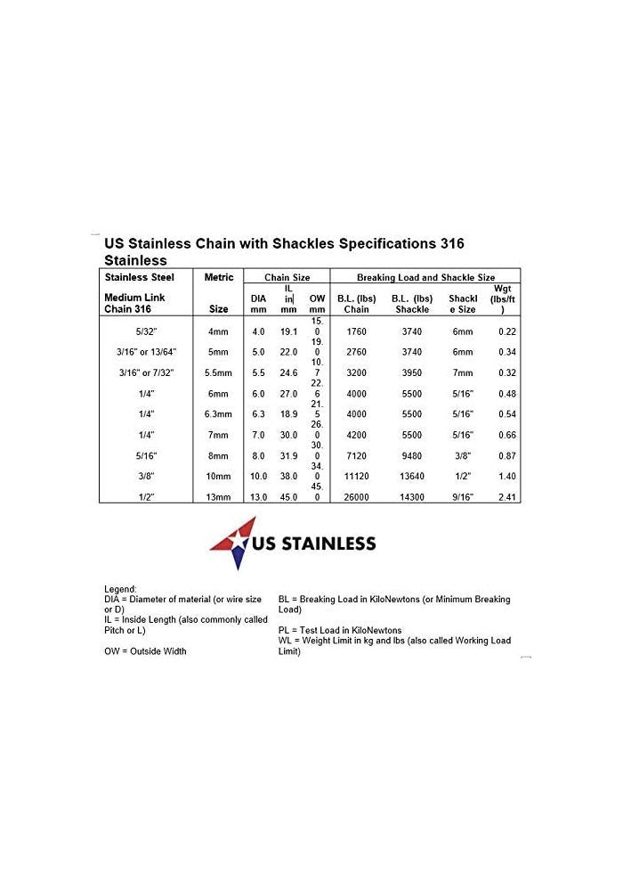 US Stainless سلسلة مرساة من الفولاذ المقاوم للصدأ 316 بقطر 5.5 مم (3/16") بطول 10' مع مشابك عالية الجودة - Image 3