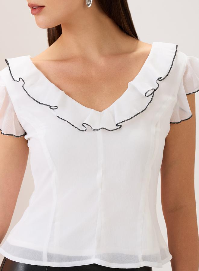 globus Women White V-Neck Ruffle Piping Detail Top - Image 4
