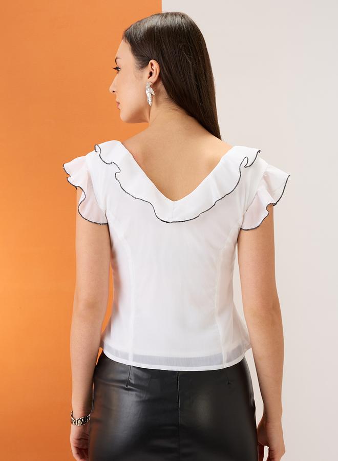 globus Women White V-Neck Ruffle Piping Detail Top - Image 3