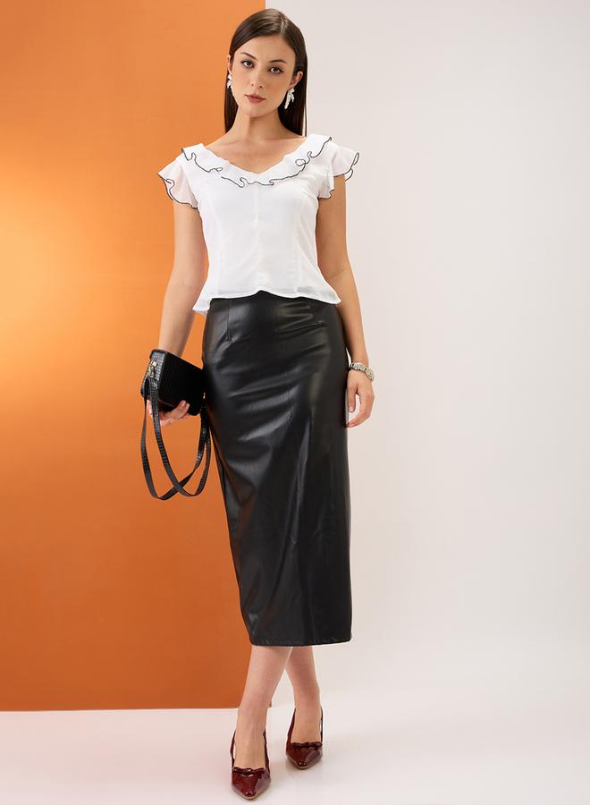 globus Women White V-Neck Ruffle Piping Detail Top - Image 5