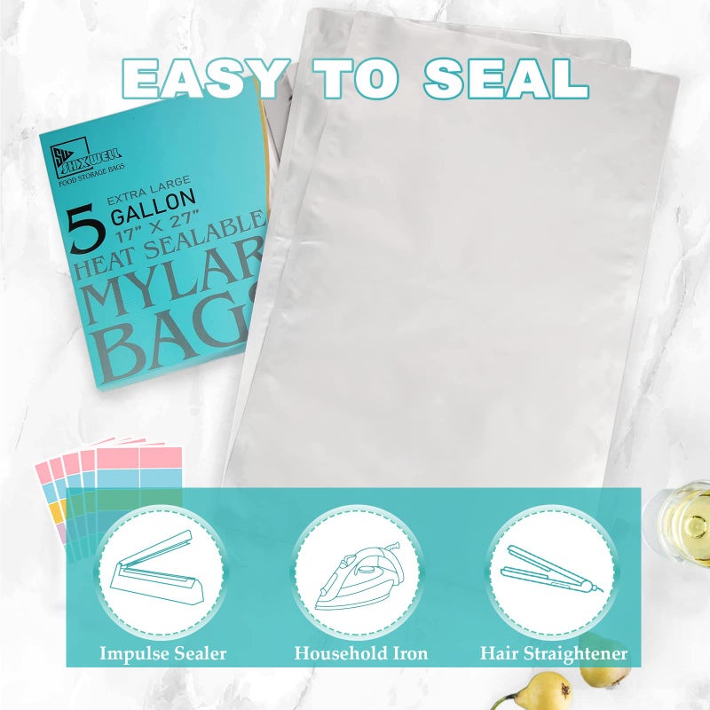 SHXWELL 15PCS 5 Gallon Mylar Bags with 2500CC Oxygen Absorbers & Labels, 10.5 Mil Thick 17"x 27" Vacuum Sealer Bags Heat Sealable Bag for Long Term Food Storage - Image 3