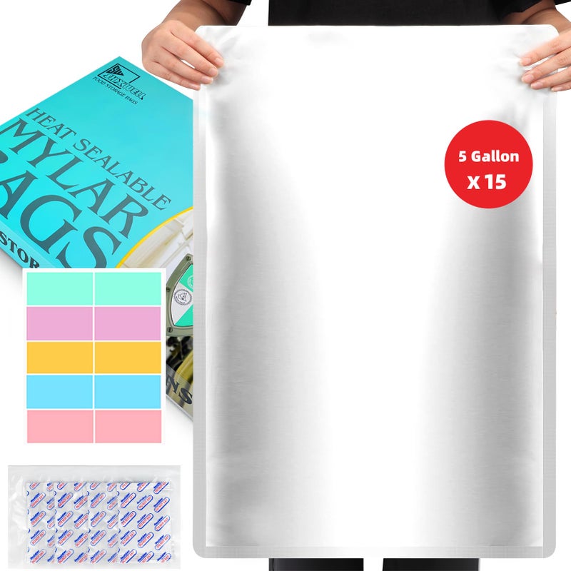 SHXWELL 15PCS 5 Gallon Mylar Bags with 2500CC Oxygen Absorbers & Labels, 10.5 Mil Thick 17"x 27" Vacuum Sealer Bags Heat Sealable Bag for Long Term Food Storage - Image 1