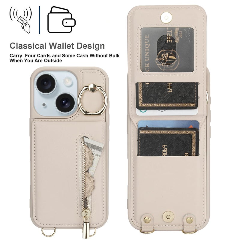 Jcxtrombulous for iPhone 13/14 Wallet Case with Strap Card Slot Holder RFID Blocking Ring Kickstand,Magnetic Flip Folio Zipper Crossbody Purse Case with Lanyard,PU Leather Cover Handbag,Beige - Image 5