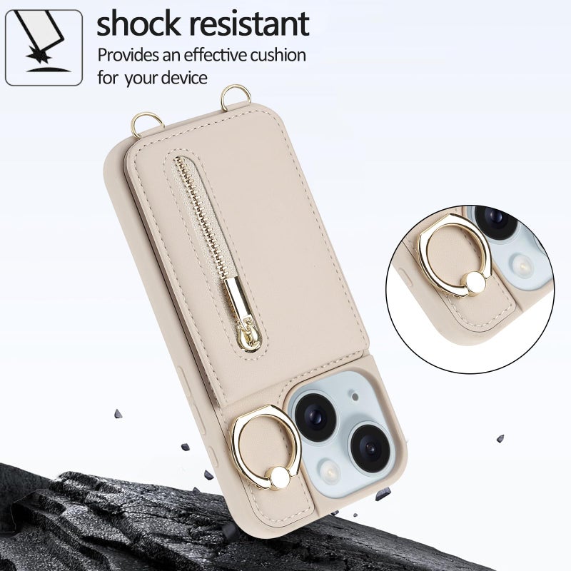 Jcxtrombulous for iPhone 13/14 Wallet Case with Strap Card Slot Holder RFID Blocking Ring Kickstand,Magnetic Flip Folio Zipper Crossbody Purse Case with Lanyard,PU Leather Cover Handbag,Beige - Image 4