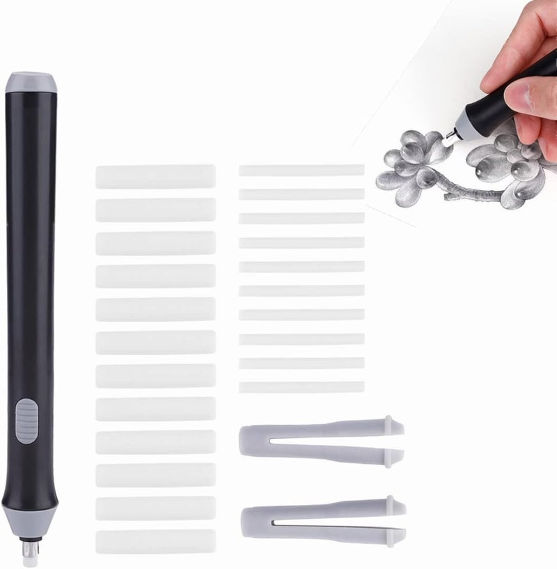 TOPINCN Electric Erasers, Battery Operated Eraser Automatic Portable Plastic Pen Electric Erasers with 22 Additional Replaceable Rubber Eraser Refills for Graphite Technical Drawing(Black) - Image 1