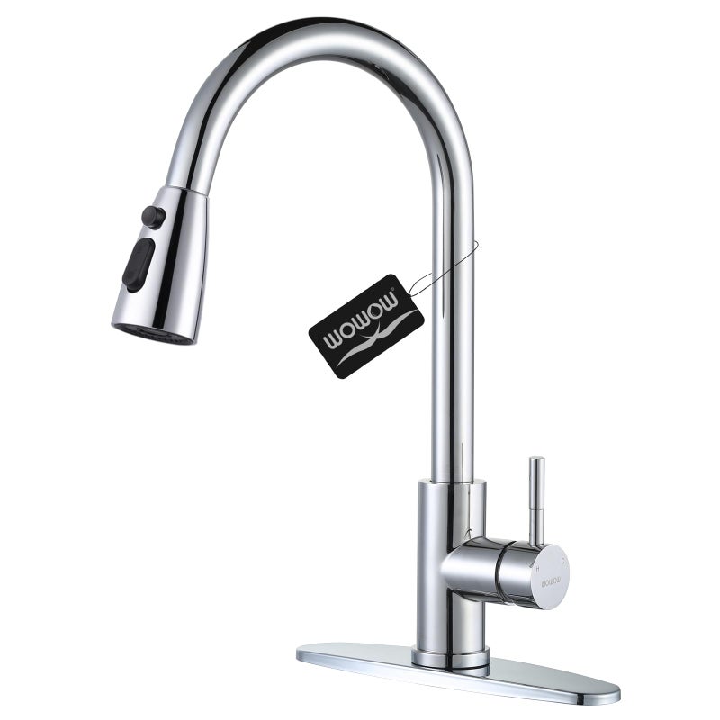 WOWOW Chrome Kitchen Faucet with Sprayer WOWOW Pull Down Kitchen Sink Faucet Stainless Steel Utility Sink Faucet with Deck Plate Kitchen Tap for RV Laundry Bar - Image 2