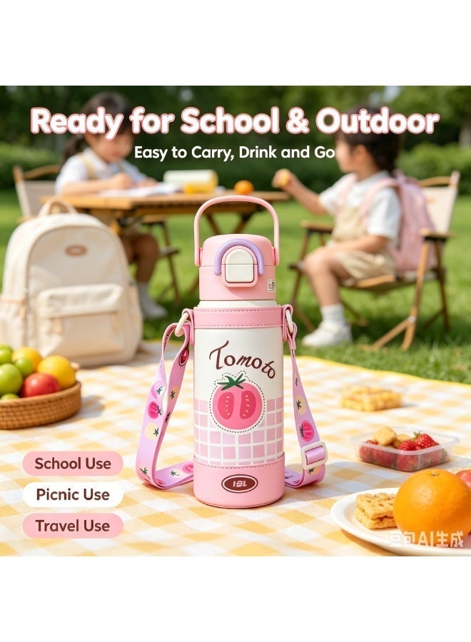 550ml Stainless Steel Water Bottles Double Wall Vacuum Insulated Leakproof Toddler Cup w/Straws Lids, Kids Water Bottles for School Boys Girls, Hot Cold Sports Bottle for Children(Pink) - Image 3
