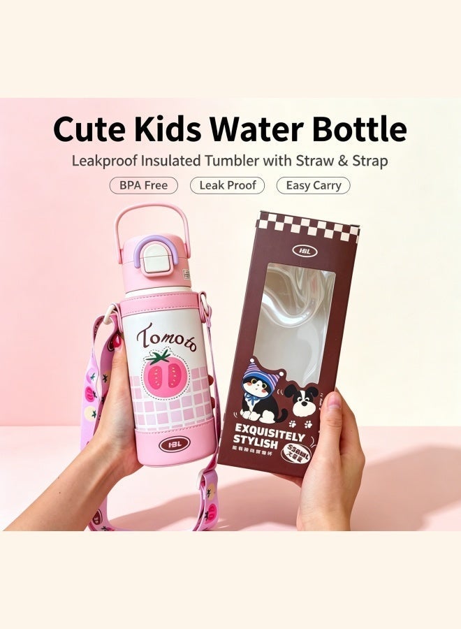 550ml Stainless Steel Water Bottles Double Wall Vacuum Insulated Leakproof Toddler Cup w/Straws Lids, Kids Water Bottles for School Boys Girls, Hot Cold Sports Bottle for Children(Pink) - Image 2