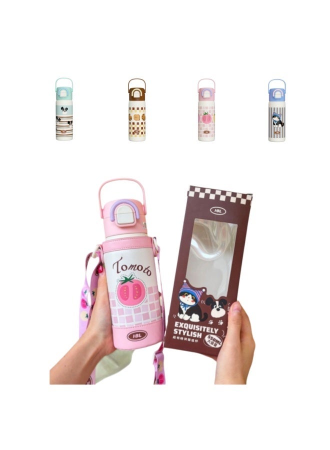 550ml Stainless Steel Water Bottles Double Wall Vacuum Insulated Leakproof Toddler Cup w/Straws Lids, Kids Water Bottles for School Boys Girls, Hot Cold Sports Bottle for Children(Pink) - Image 1