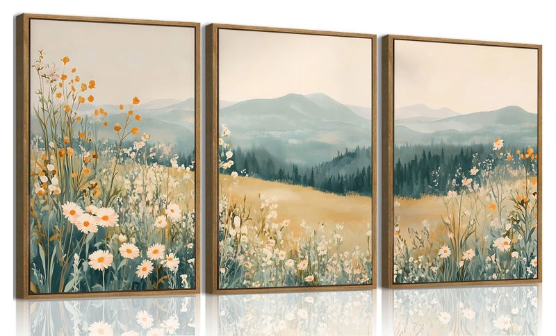 KISSFOX 3 Piece Framed Wildflower Wall Art Floral Wall Decor Landscape Flower Pictures Mountain Canvas Art Daisy Paintings Farmhouse Artwork For Bedroom Bathroom Living Room - Image 1