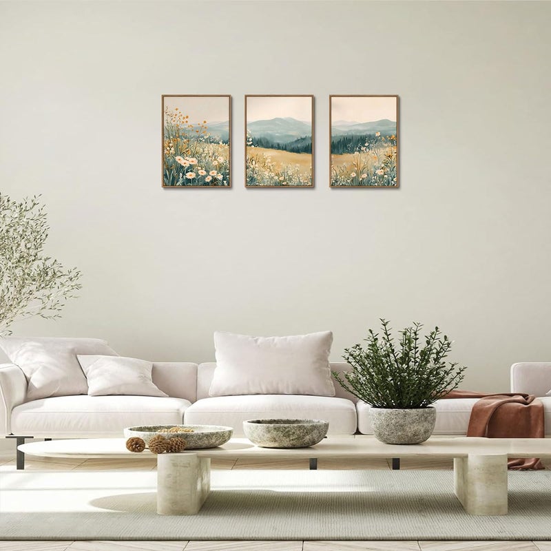 KISSFOX 3 Piece Framed Wildflower Wall Art Floral Wall Decor Landscape Flower Pictures Mountain Canvas Art Daisy Paintings Farmhouse Artwork For Bedroom Bathroom Living Room - Image 3