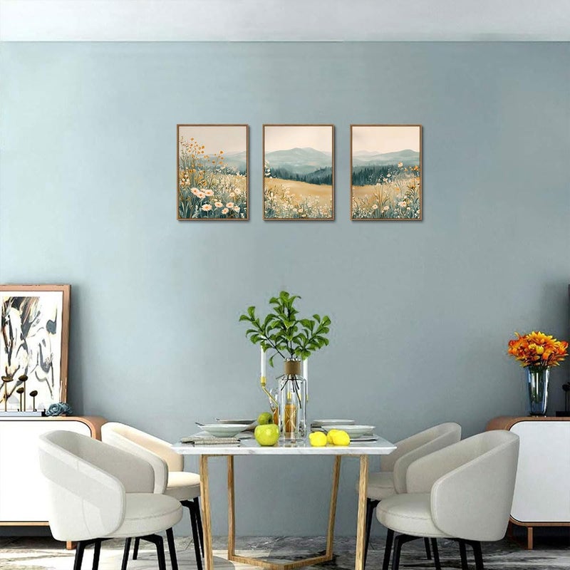 KISSFOX 3 Piece Framed Wildflower Wall Art Floral Wall Decor Landscape Flower Pictures Mountain Canvas Art Daisy Paintings Farmhouse Artwork For Bedroom Bathroom Living Room - Image 2