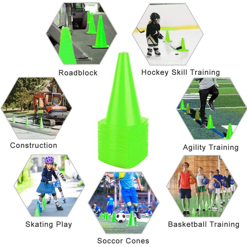 Fragraim 9 Inch Plastic Training Traffic Cones, Sport Cones, Agility Field Marker Cones for Soccer Basketball Football Drills Training, Outdoor Activity or Events - Set of 24, Green - Image 5