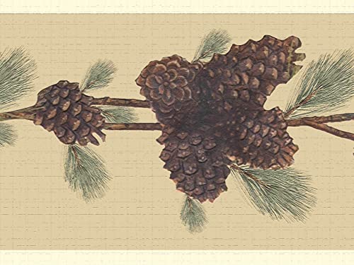 Dundee Deco Wallpaper Border Peel and Stick DDAZBD9149 Nature Green Brown Pine Cones Wall Border Retro Design 15 ft x 7 in 457m x 1778cm Self Adhesive - Image 1