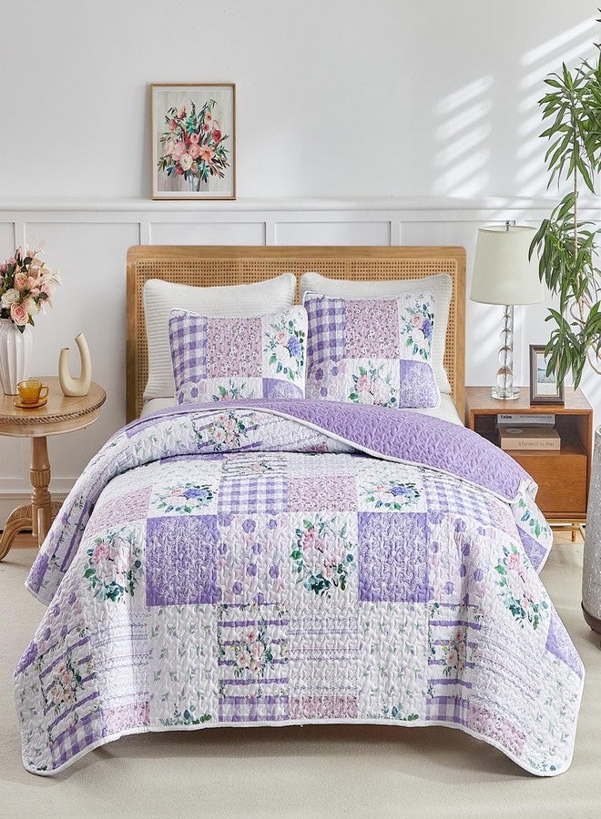 Joyreap 2 Pieces Floral Quilt Set Twin, Patchwork Purple n Pink Flowers Design, Smooth Soft Microfiber Quilt, Bedspread Bed Cover for All Season, 1 Quilt and 1 Pillow Sham- 68x86 inches - Image 1