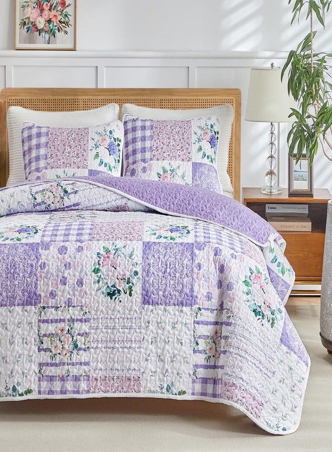Joyreap 2 Pieces Floral Quilt Set Twin, Patchwork Purple n Pink Flowers Design, Smooth Soft Microfiber Quilt, Bedspread Bed Cover for All Season, 1 Quilt and 1 Pillow Sham- 68x86 inches - Image 3