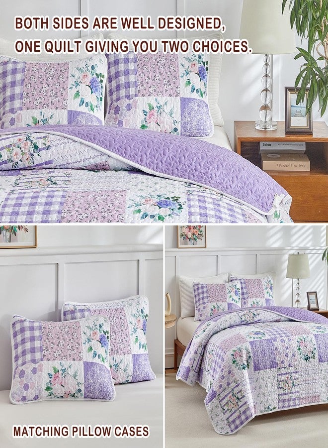 Joyreap 2 Pieces Floral Quilt Set Twin, Patchwork Purple n Pink Flowers Design, Smooth Soft Microfiber Quilt, Bedspread Bed Cover for All Season, 1 Quilt and 1 Pillow Sham- 68x86 inches - Image 5